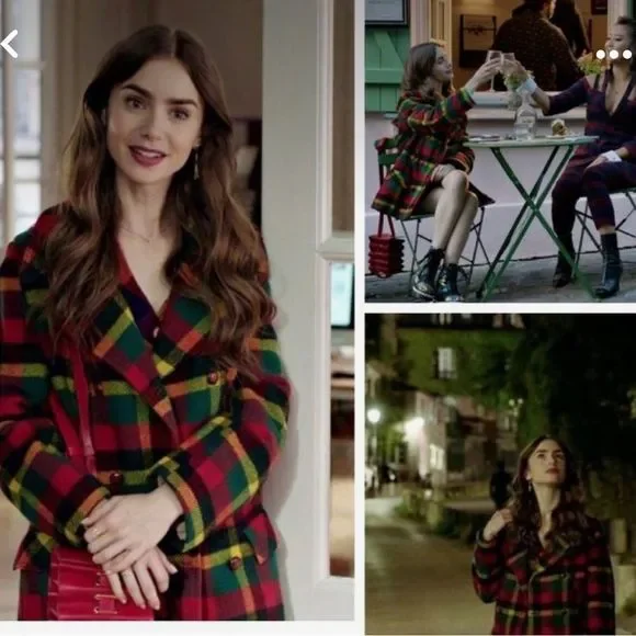 Vintage 90s Emily in Paris style dark magenta plaid pea coat sz XL - Picture 5 of 9